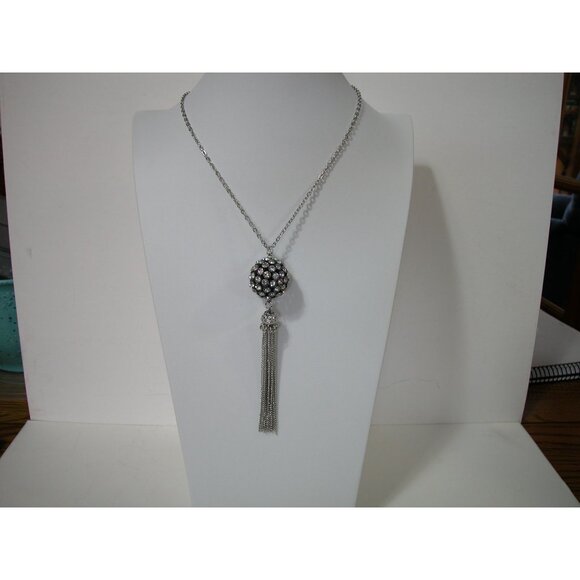 Silver Rhinestone Ball Tassel Necklace & Hoop Earrings Set - Picture 4 of 6